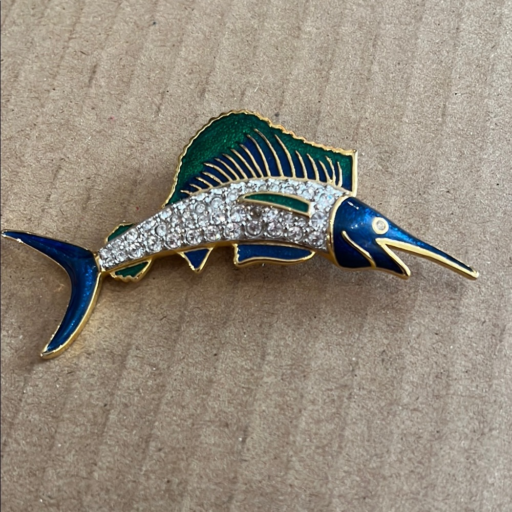 BOLD ELEGANCE SIGNED SWORDFISH , 3” enamel /gemstones  Brooch